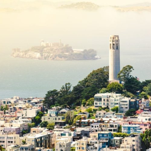 coit tower with alcatraz in the background