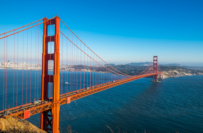 golden gate bridge on a blue sky day