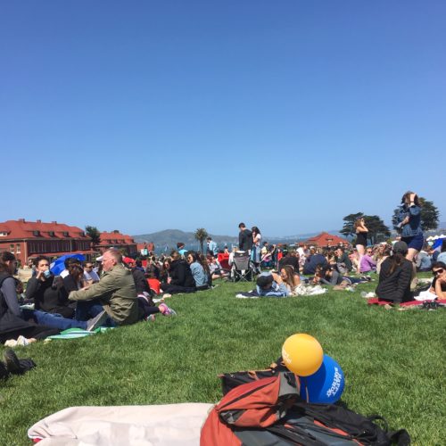 People at Off The Grid in San Francisco grabbing lunch at the food trucks