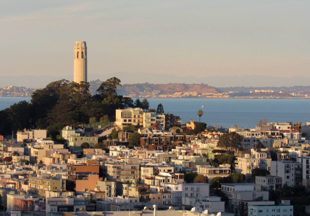 evening light over coit tower