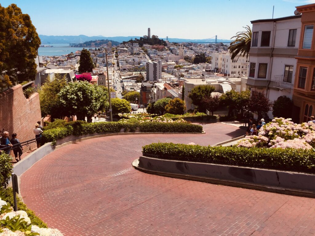 View looking down crooked Lombard Street from the top of the block.