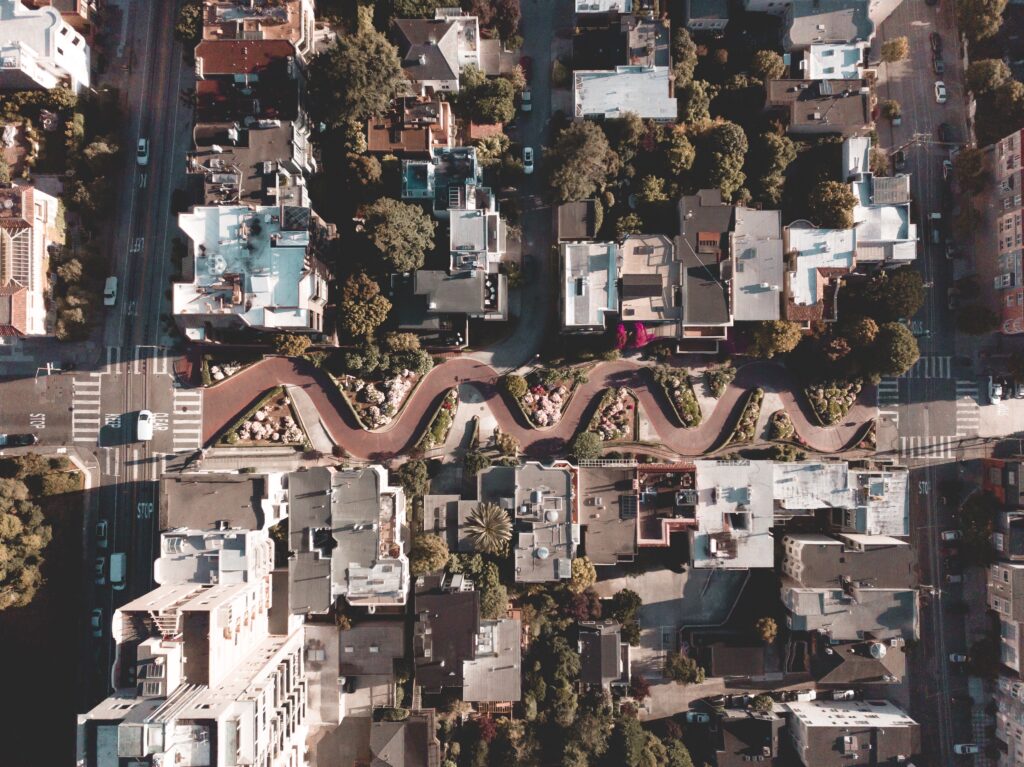 A view of the hairpin turns of Lombard Street, San Francisco from above.