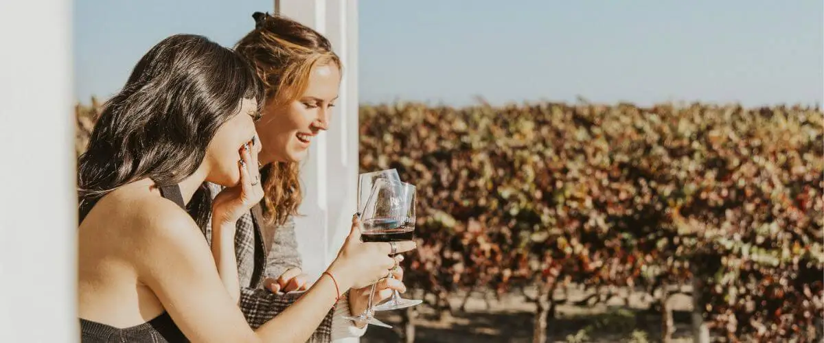 Friends Enjoying Wine at a Napa Valley Vineyard Two women stand by a white railing overlooking a vineyard, smiling and holding glasses of red wine under clear daylight, with rows of grapevines stretching into the background.
