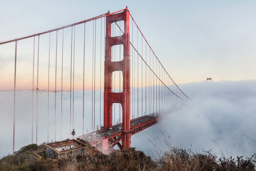 Discover the unique San Francisco weather, like the fog encompassing the famous Golden Gate Bridge.
