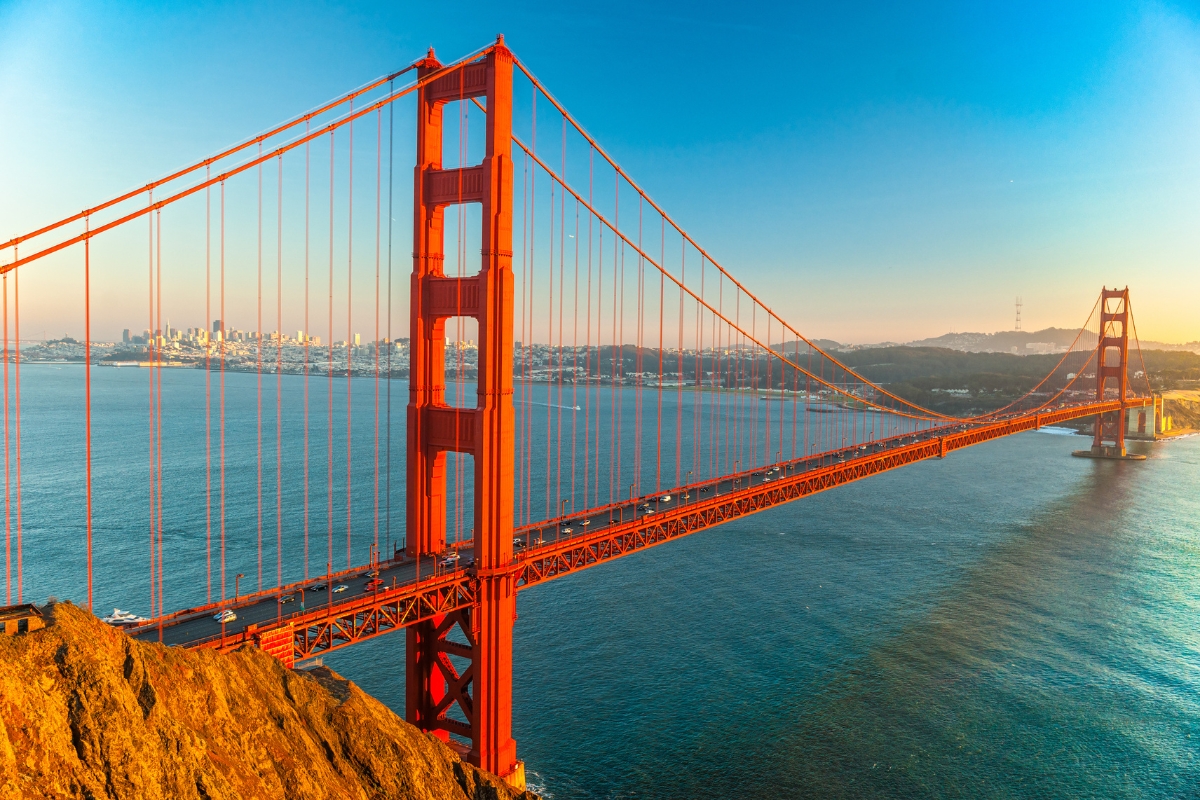 Spectacular Golden Gate Bridge at Sunset with San Francisco Skyline View