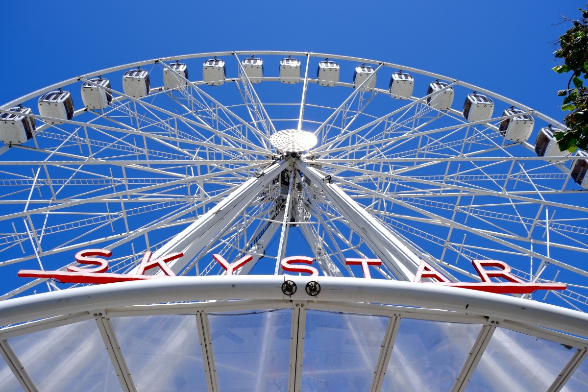 White Sky Star Ferris wheel structure against bright blue sky in San Francisco