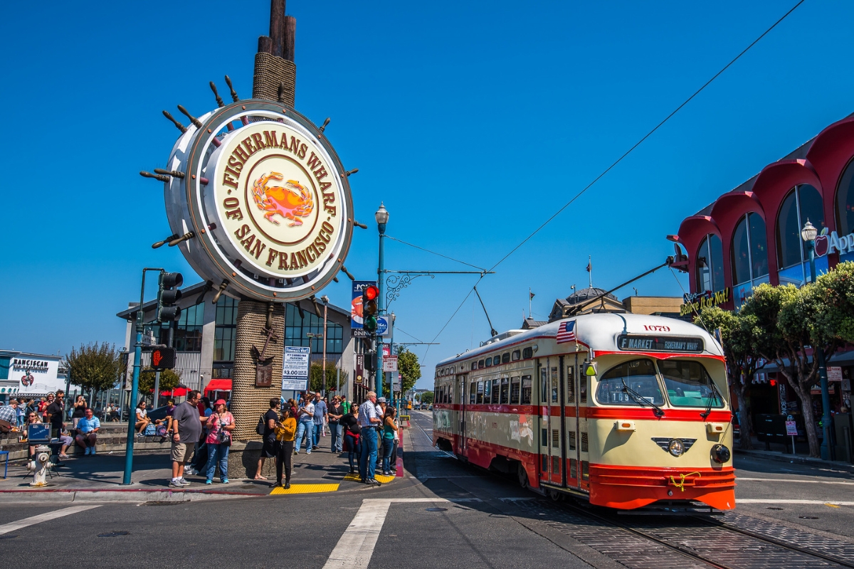 Historic streetcar at Fisherman's Wharf, SFO transportation guide, iconic San Francisco landmark