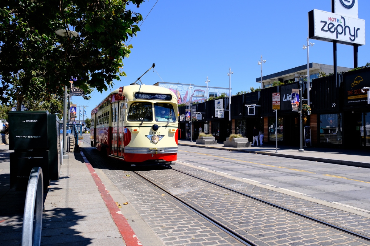 SFO transportation route, classic streetcar near Hotel Zephyr, San Francisco public transit