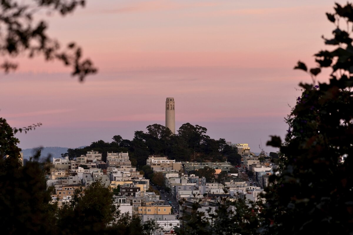 Coit Tower silhouetted against pink sunset sky with San Francisco hillside homes below