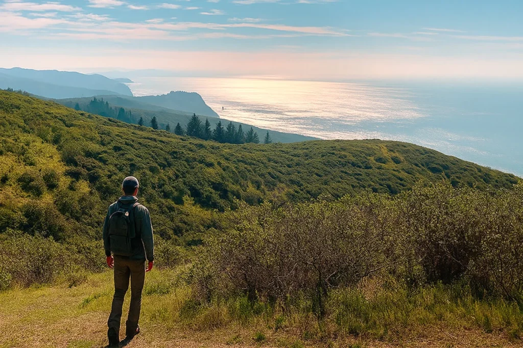 Hiker standing on Dipsea Trail overlooking the forested hills and distant ocean near Muir Woods
