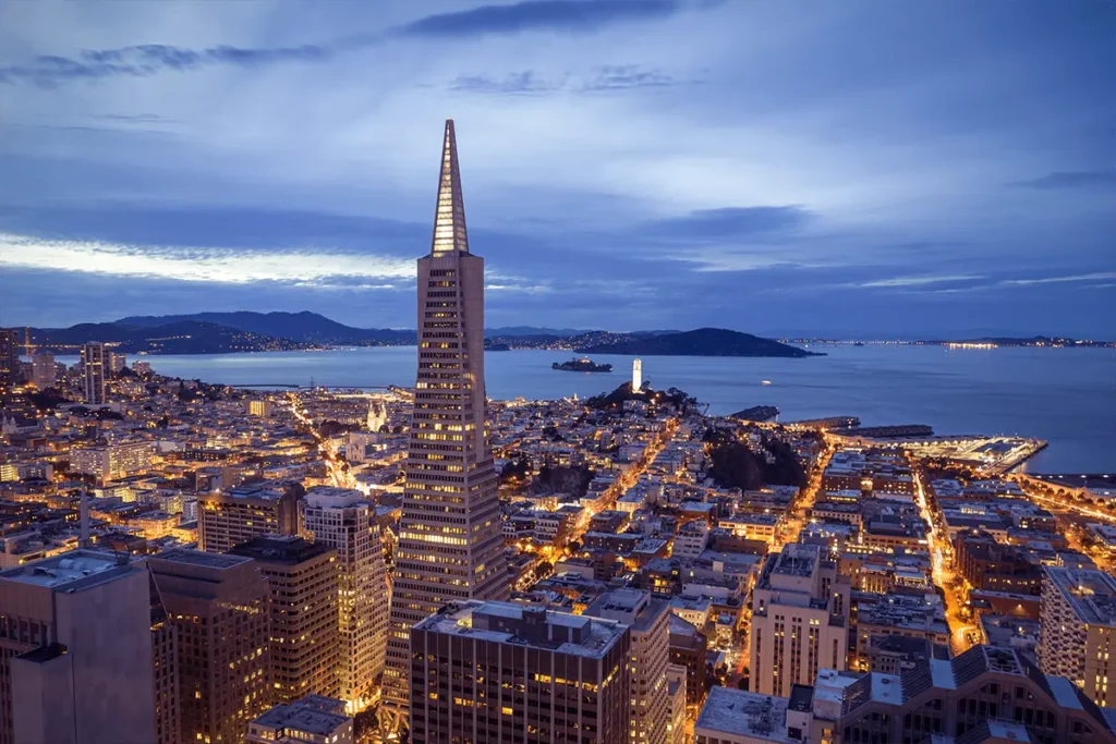 Aerial view of San Francisco’s Financial District with tall skyscrapers and city streets