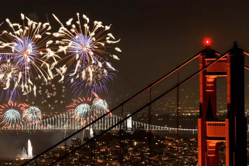 Fireworks lighting up the sky above the Golden Gate Bridge during a Super Bowl celebration in San Francisco