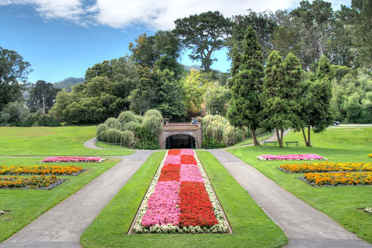 Colorful flower beds and pathways at Golden Gate Park in San Francisco.