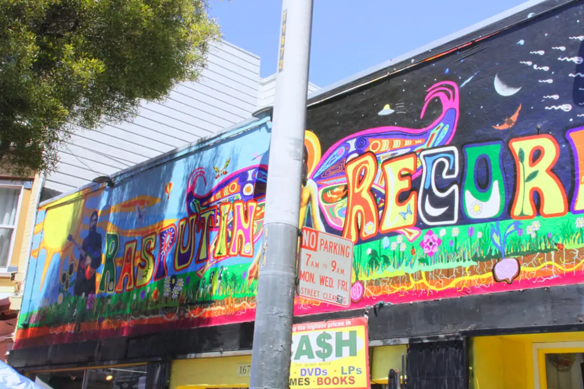 Psychedelic mural on a building in San Francisco’s Haight-Ashbury neighborhood symbolizing the 1960s counterculture.