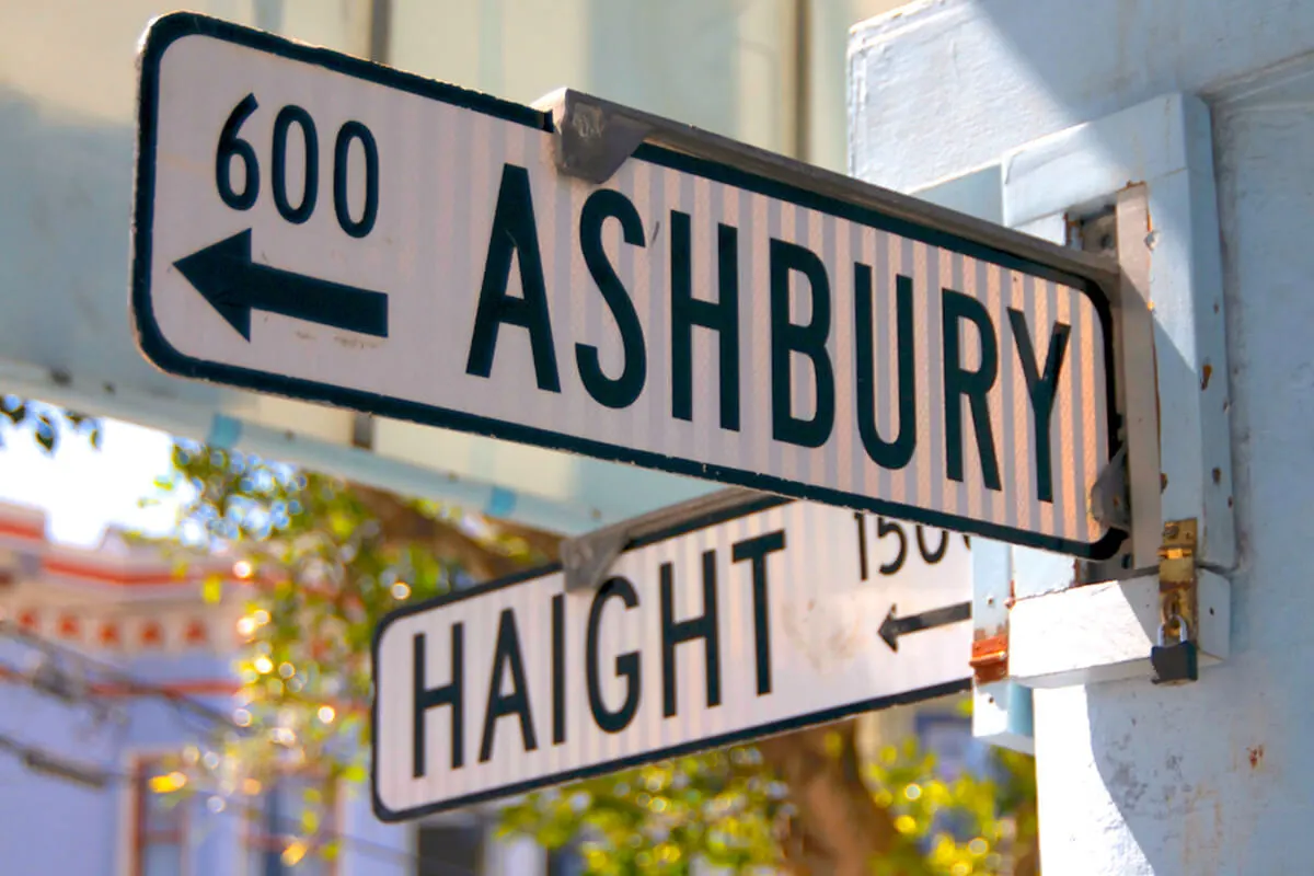 Street signs marking the famous Haight and Ashbury intersection in San Francisco.
