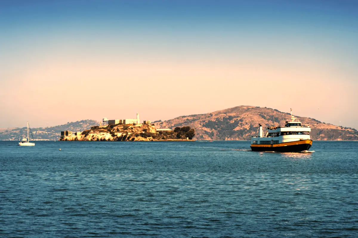 Ferry boat approaching Alcatraz Island in San Francisco Bay