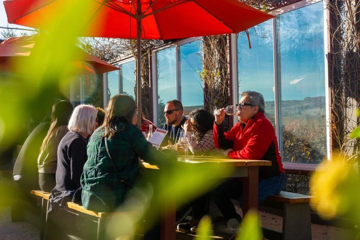 Group of people seated at a picnic table on a sunny patio, sipping wine beneath red umbrellas beside large windows overlooking hills.