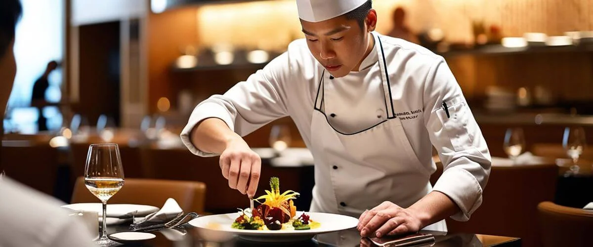 Chef Plating a Fine Dining Dish in Michelin Star Restaurant Chef carefully plating a gourmet dish in a fine dining restaurant with a glass of wine on the table