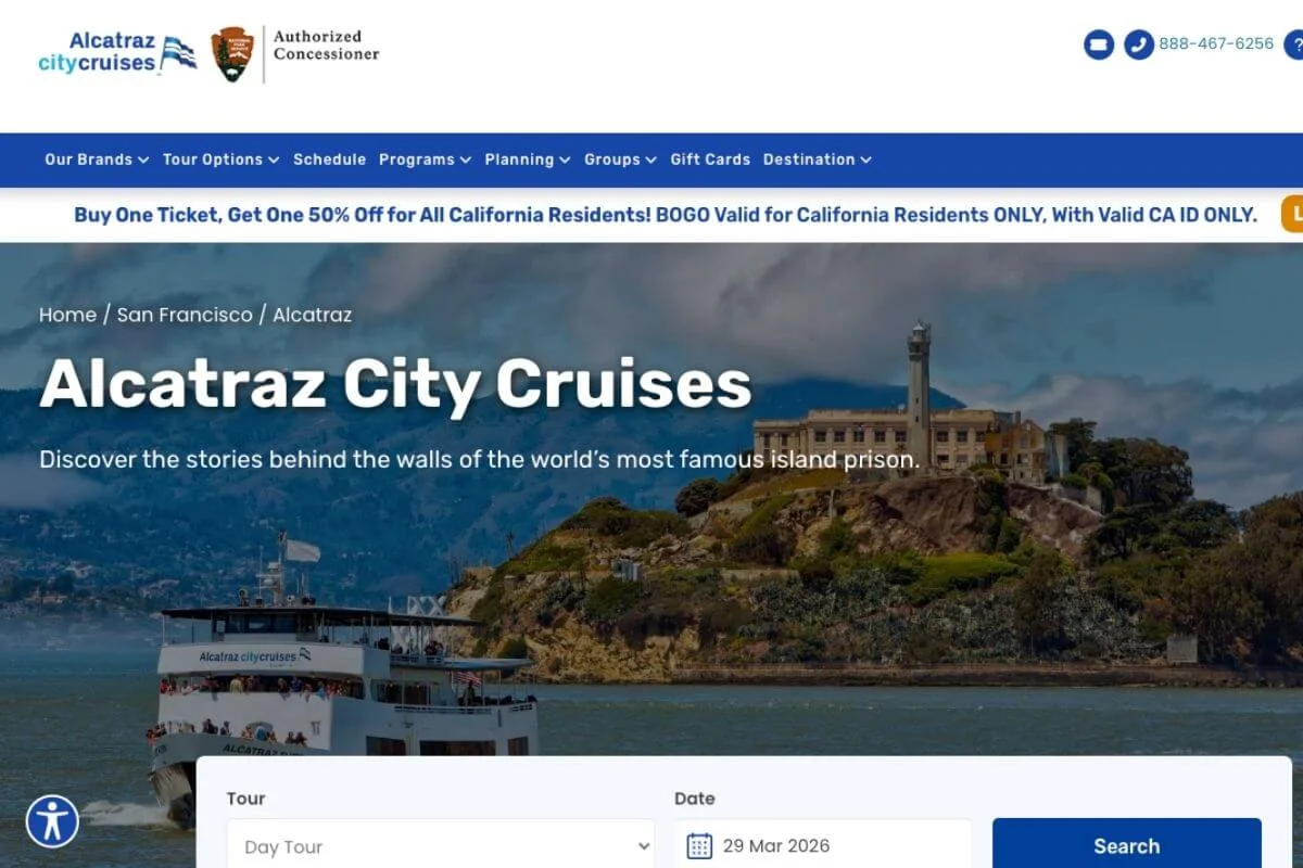 Screenshot of the Alcatraz City Cruises website showing booking options for tours to Alcatraz Island with a ferry and prison image in the background.