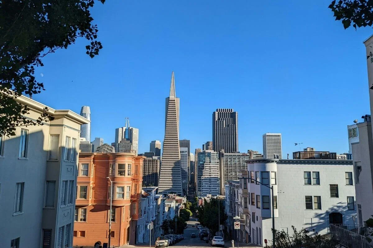 View of the San Francisco skyline with the Transamerica Pyramid rising above surrounding buildings, seen from a residential street.