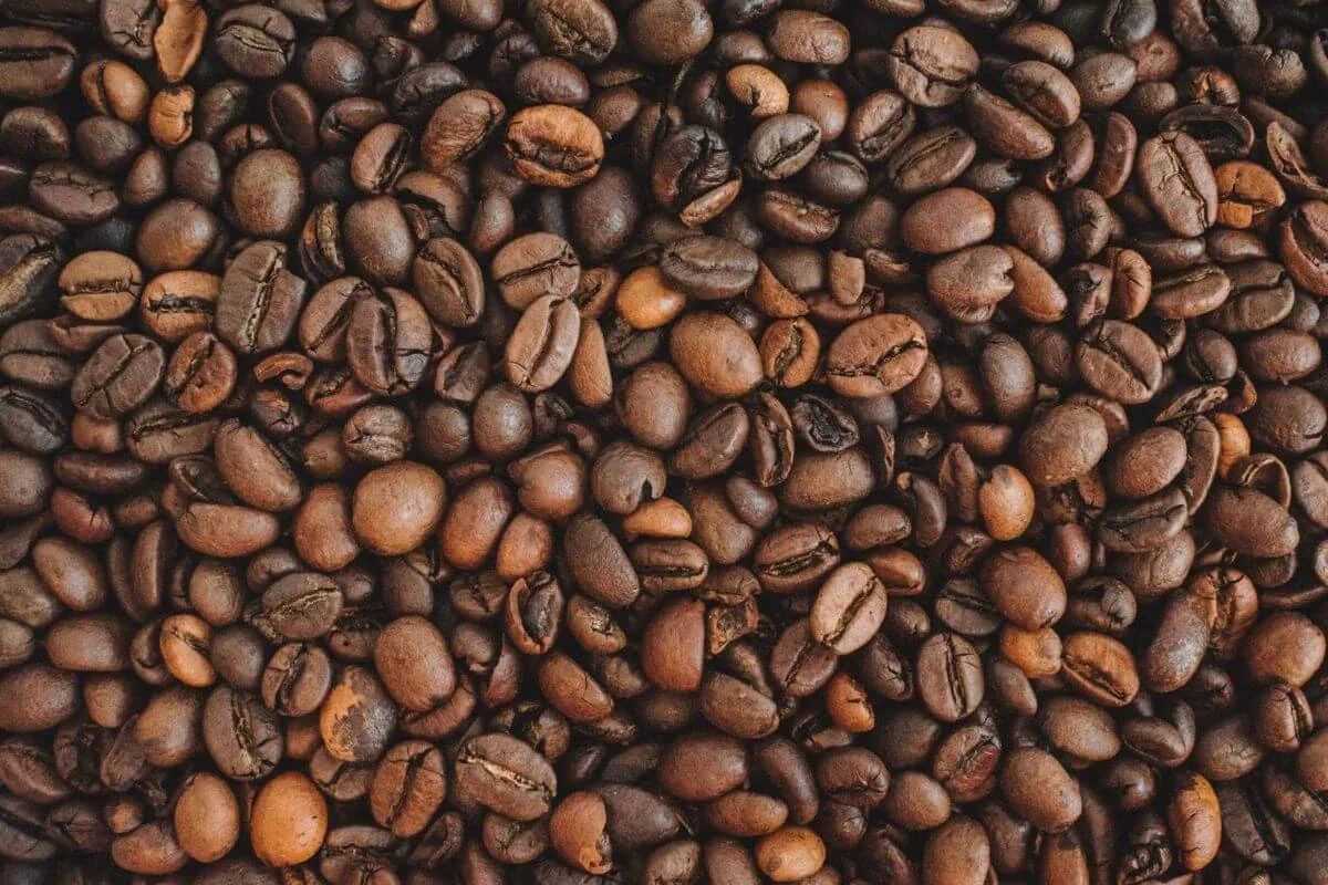 A full-frame macro shot of dozens of roasted coffee beans in varying shades of medium to dark brown, showing their natural texture, center creases, and slight variation in roast across the entire image.