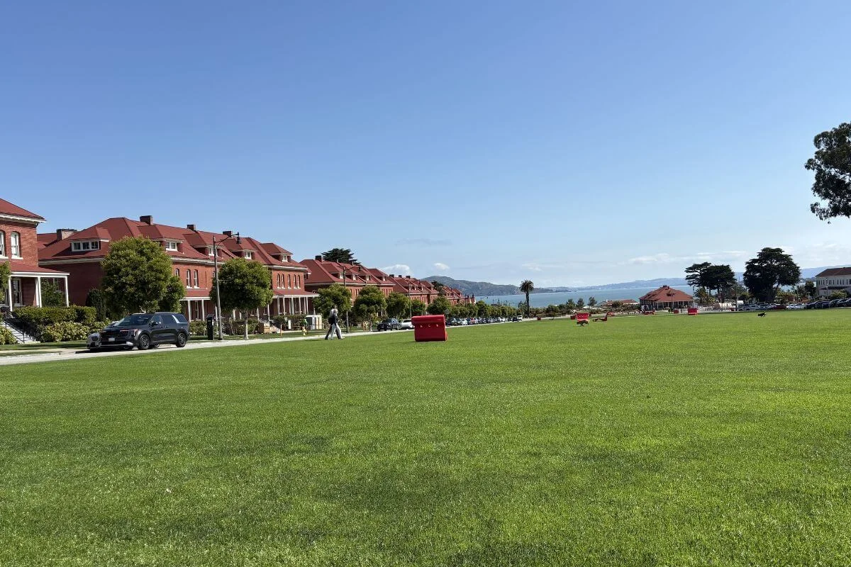 The Main Parade Ground at the Presidio, lined with the historic Montgomery Street Barracks