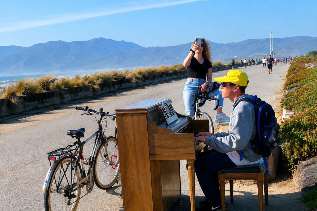Young man playing upright piano on coastal trail with bicycle and mountains behind