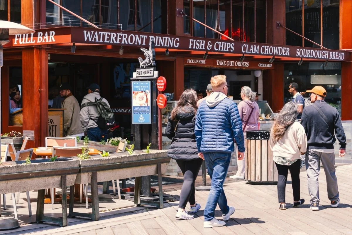 Waterfront restaurant sign advertising clam chowder near Fisherman's Wharf
