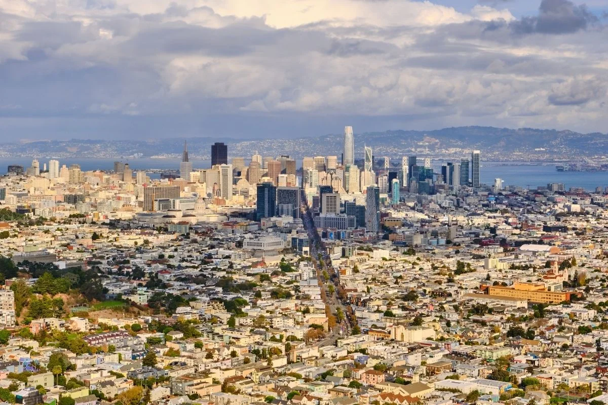 Aerial view of San Francisco skyline with downtown buildings and bay