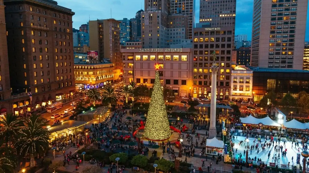 Union Square decorated for the holidays in San Francisco