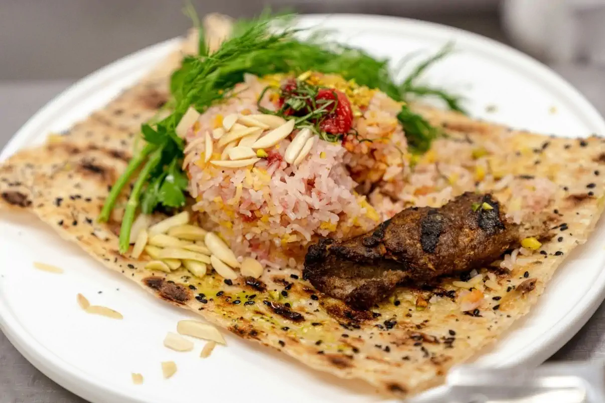 Middle Eastern rice, grilled meat, and flatbread served in San Francisco
