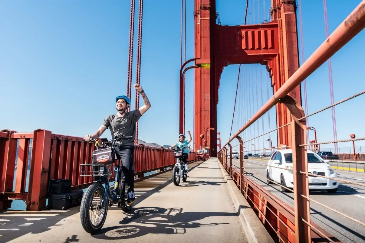 Cyclists riding across the Golden Gate Bridge in San Francisco