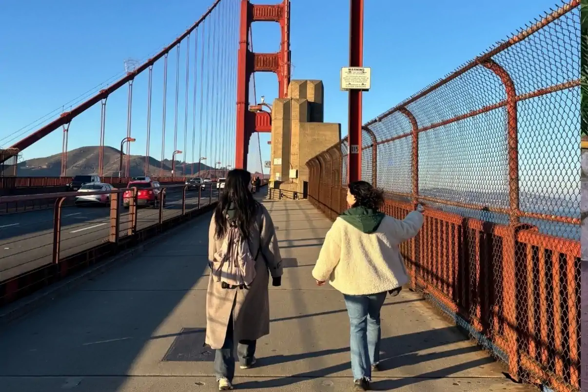 Visitors walking along the Golden Gate Bridge pedestrian walkway