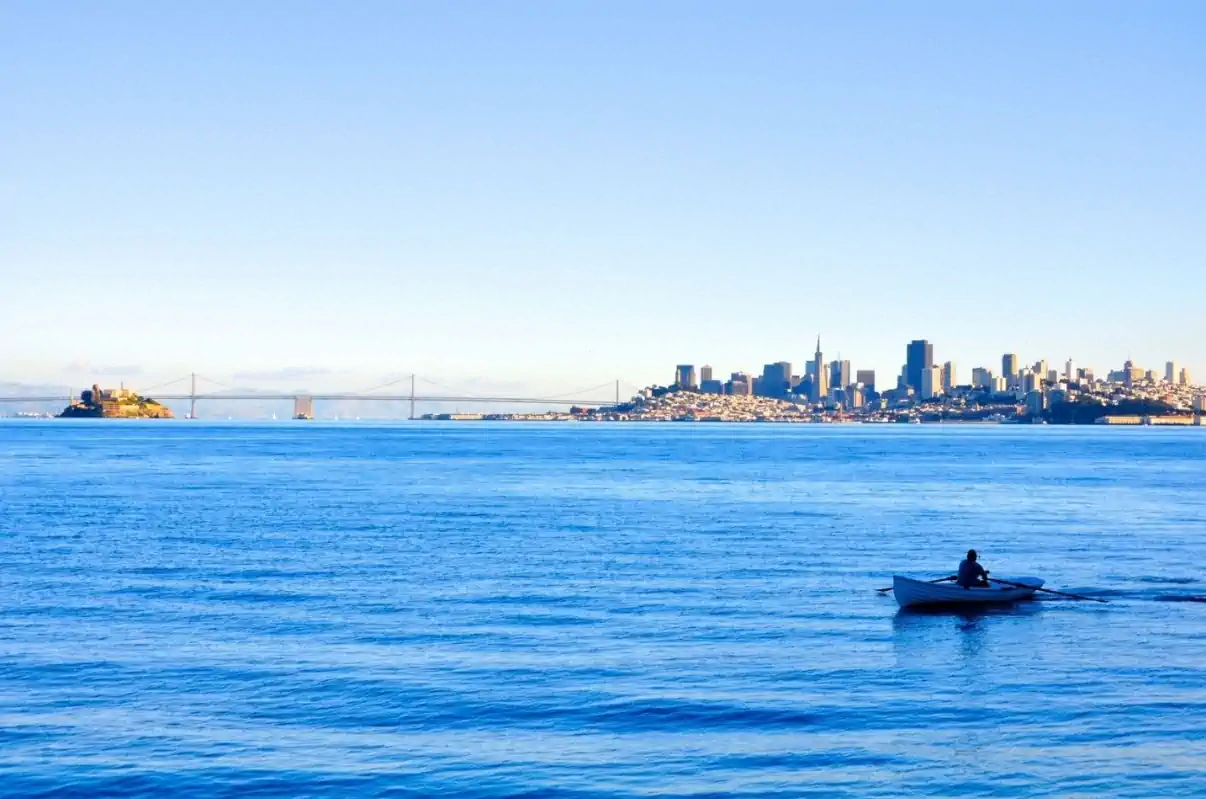 Panoramic view of Alcatraz Island and the San Francisco skyline across the bay