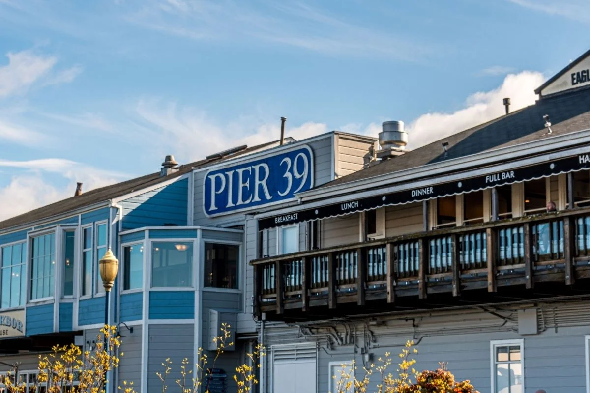 Pier 39 sign on waterfront building in San Francisco