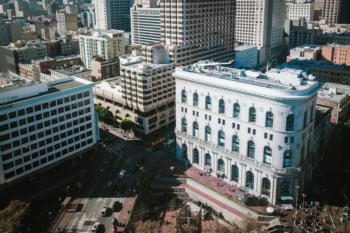 Aerial view of historic buildings in downtown San Francisco