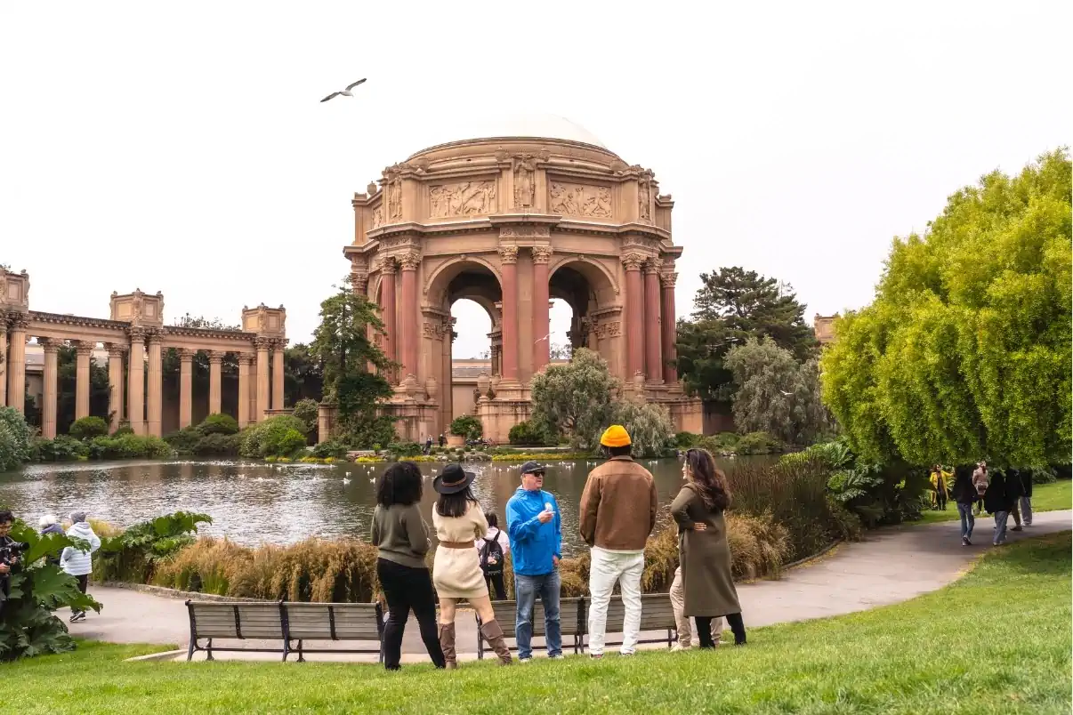 Visitors exploring the Palace of Fine Arts in San Francisco