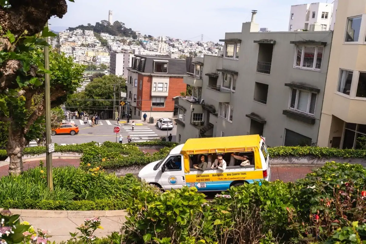 Dylan's Tours van driving down Lombard Street in San Francisco
