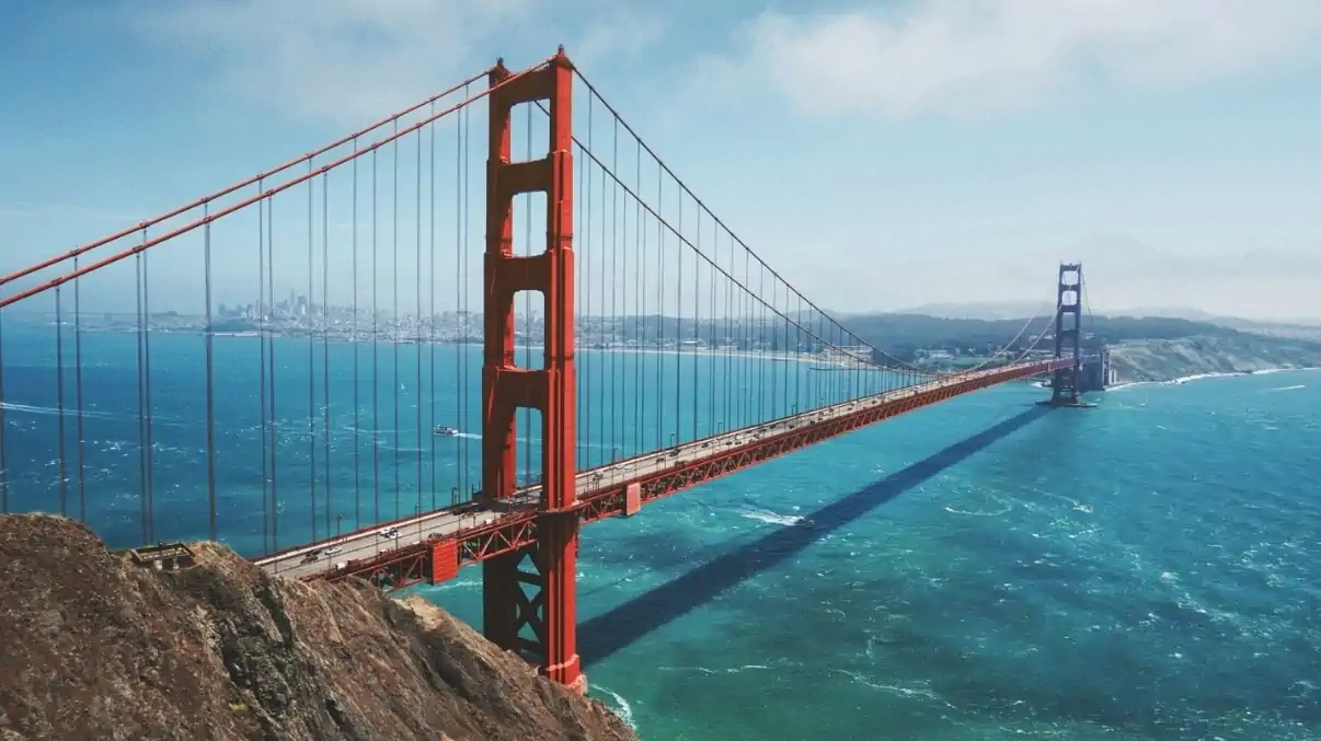 Aerial view of the Golden Gate Bridge spanning San Francisco Bay