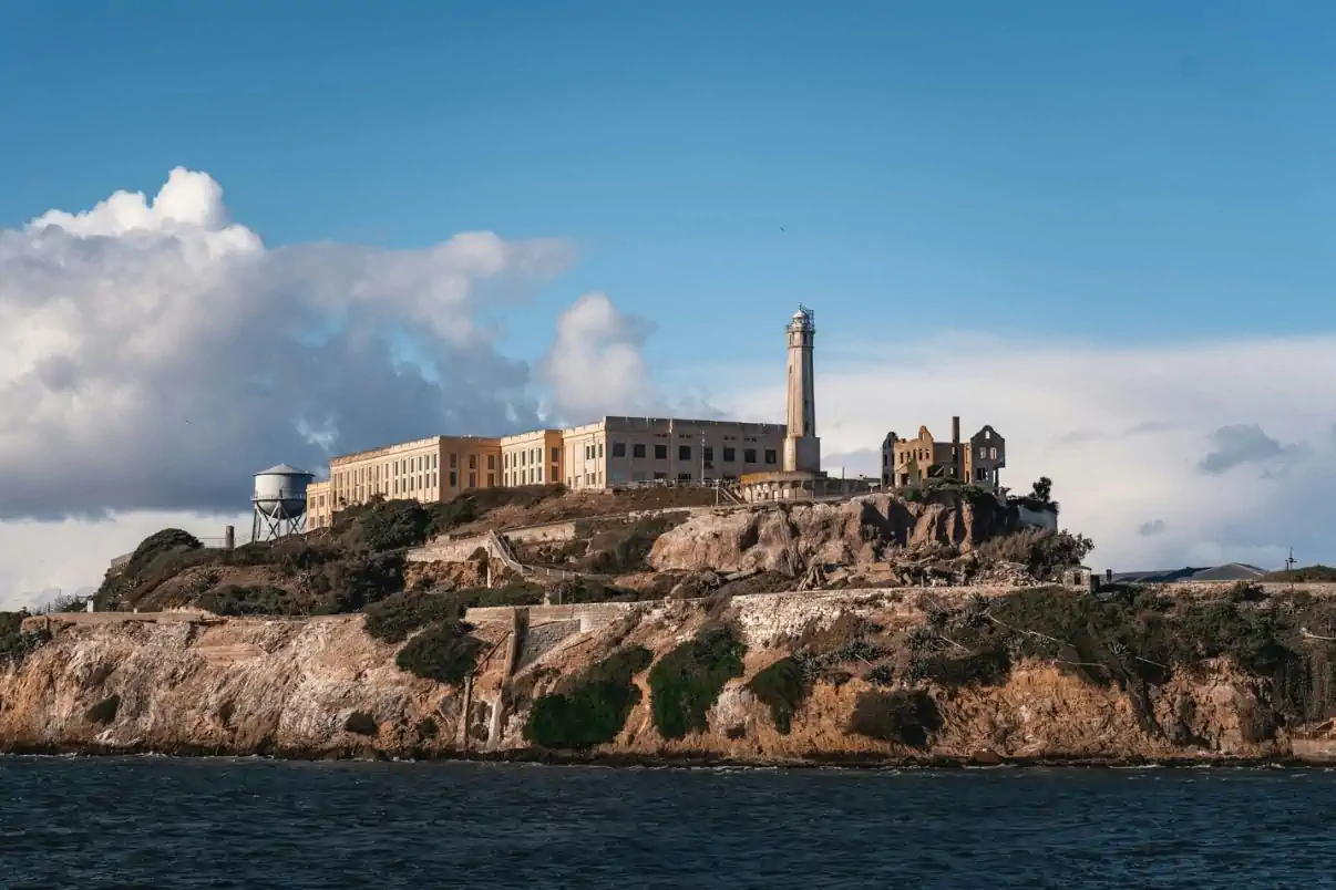 Alcatraz Island and historic prison viewed from San Francisco Bay