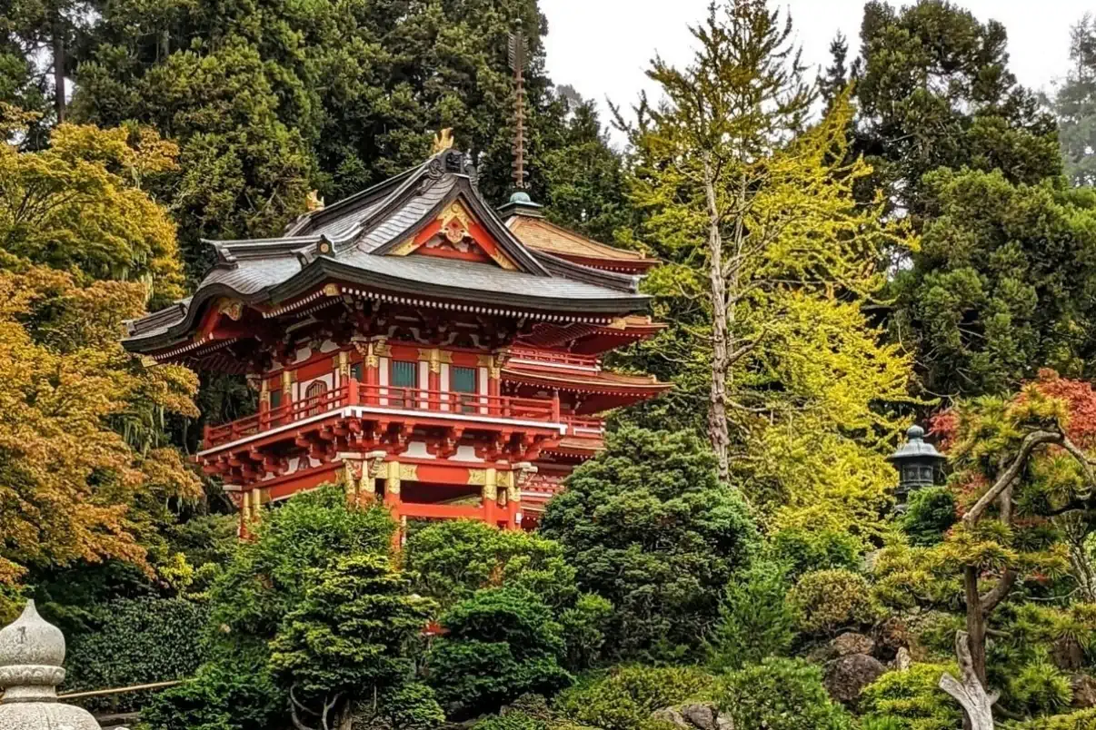 Pagoda surrounded by lush gardens at the Japanese Tea Garden in Golden Gate Park