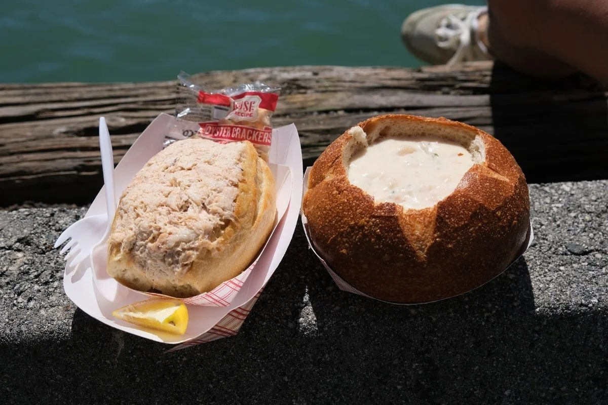 Crab sandwich and clam chowder bread bowl at Fisherman's Wharf