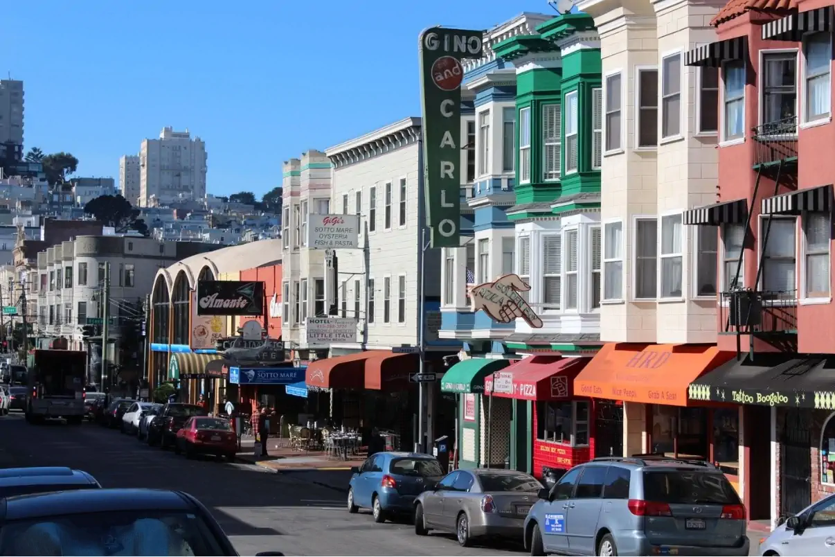 Colorful storefronts and restaurants in North Beach, San Francisco