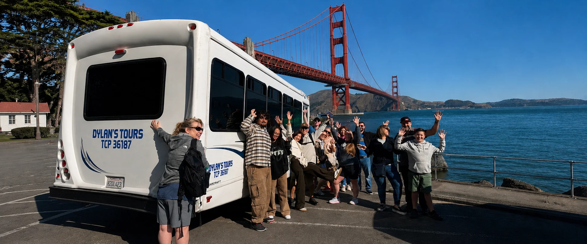 Dylans Tour Group by the Golden Gate Bridge Dylan's Tours group posing by bus in front of Golden Gate Bridge